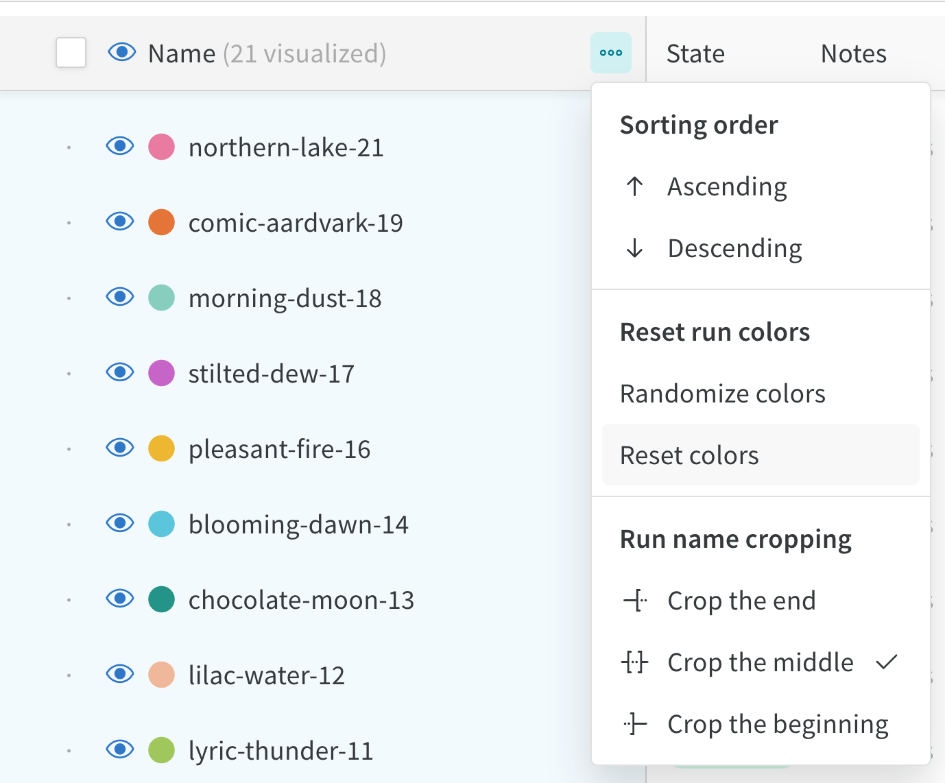 Reset run colors in project workspace